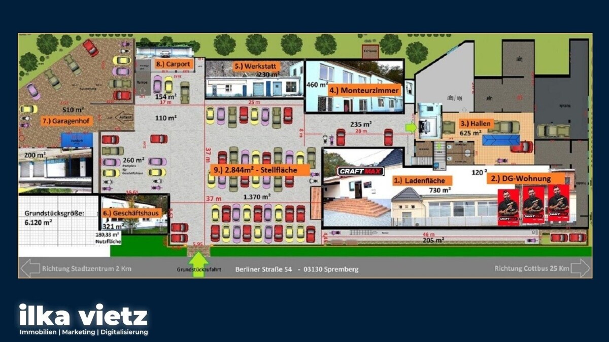 Gewerbezentrum mit Fachmarkt, Pension, Saunaclub, Werkstatt, Werkhallen