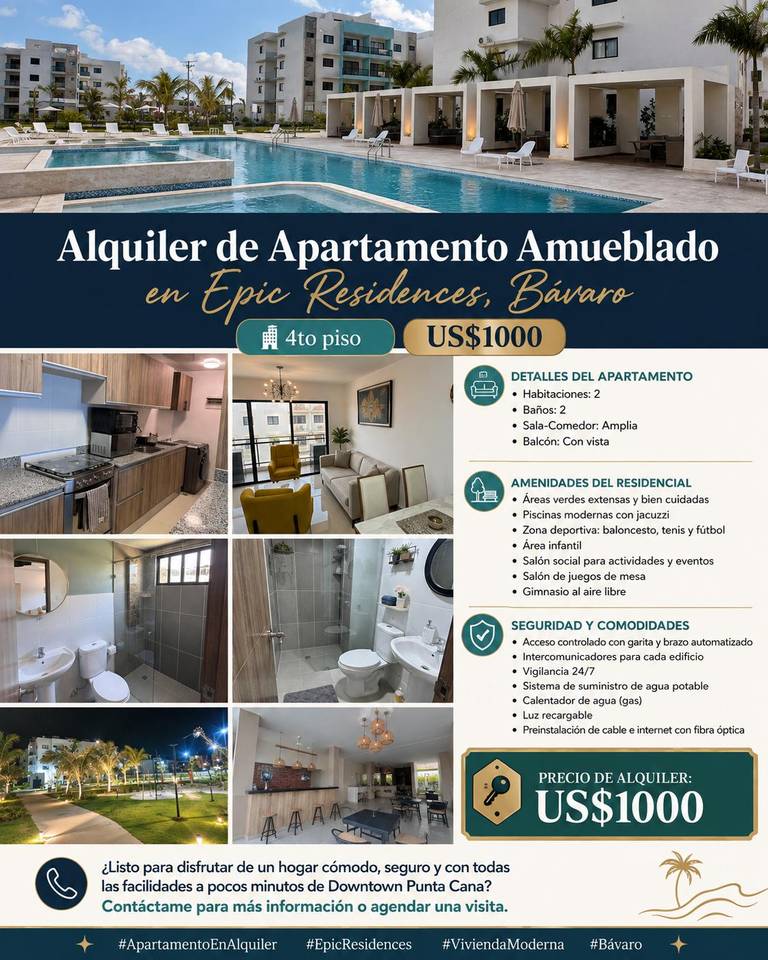 Apartamentos en alquiler en Punta Cana, 70 m²