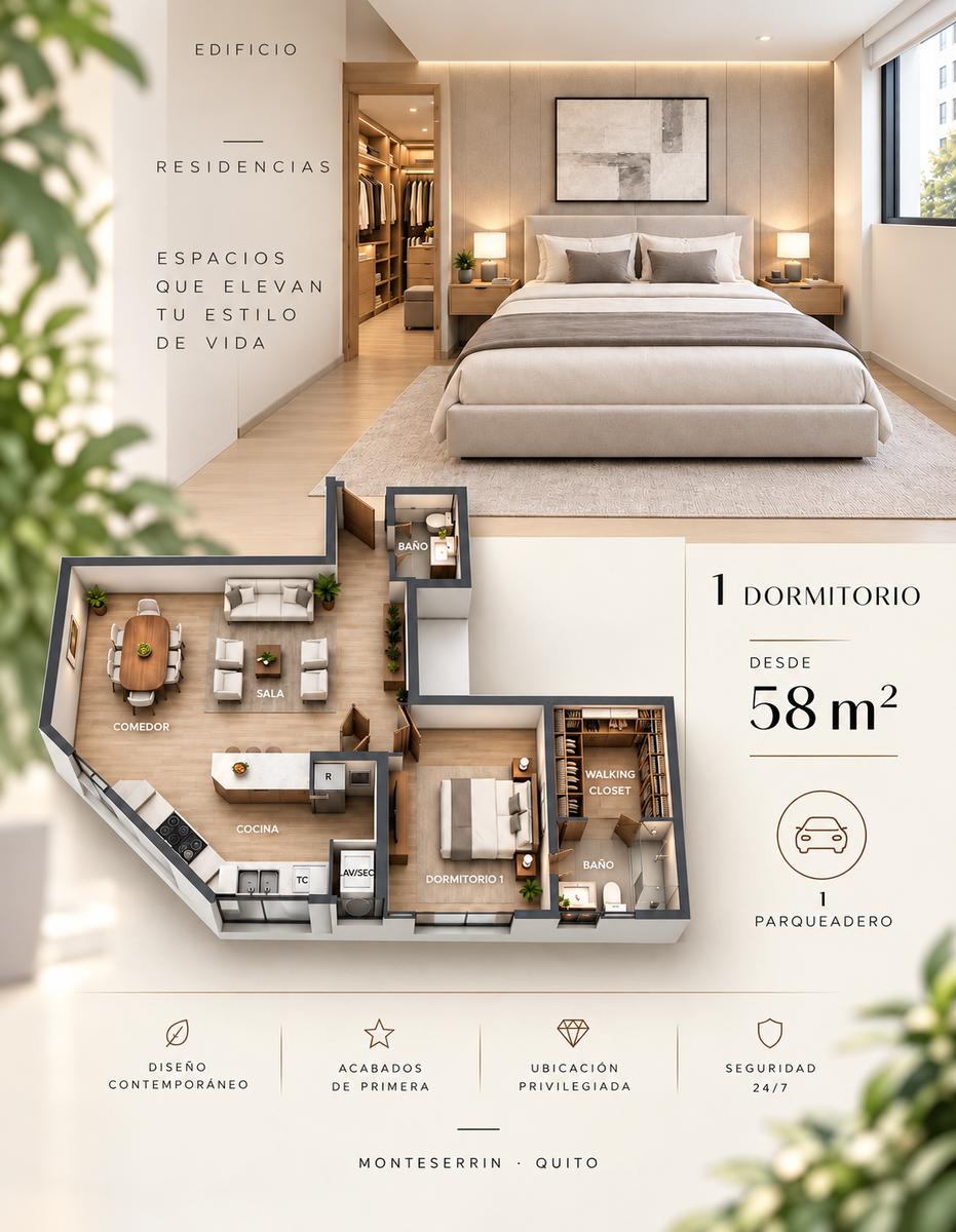 Apartment for sale in Pichincha | Quito | Monteserrín, Proyecto de Departamento por Monteserrin, 58 m²