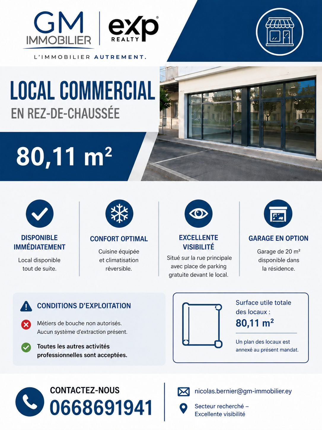 LOCAL COMMERCIAL 80 M² – EMPLACEMENT VISIBLE – CLIMATISATION – STATIONNEMENT
