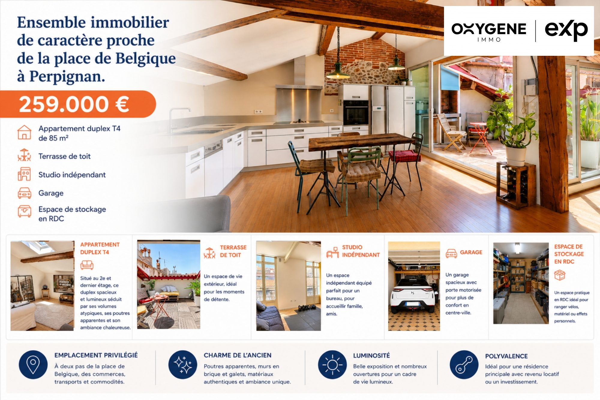 Ensemble immobilier de caractère à Perpignan : Duplex + Studio + Garage + Atelier