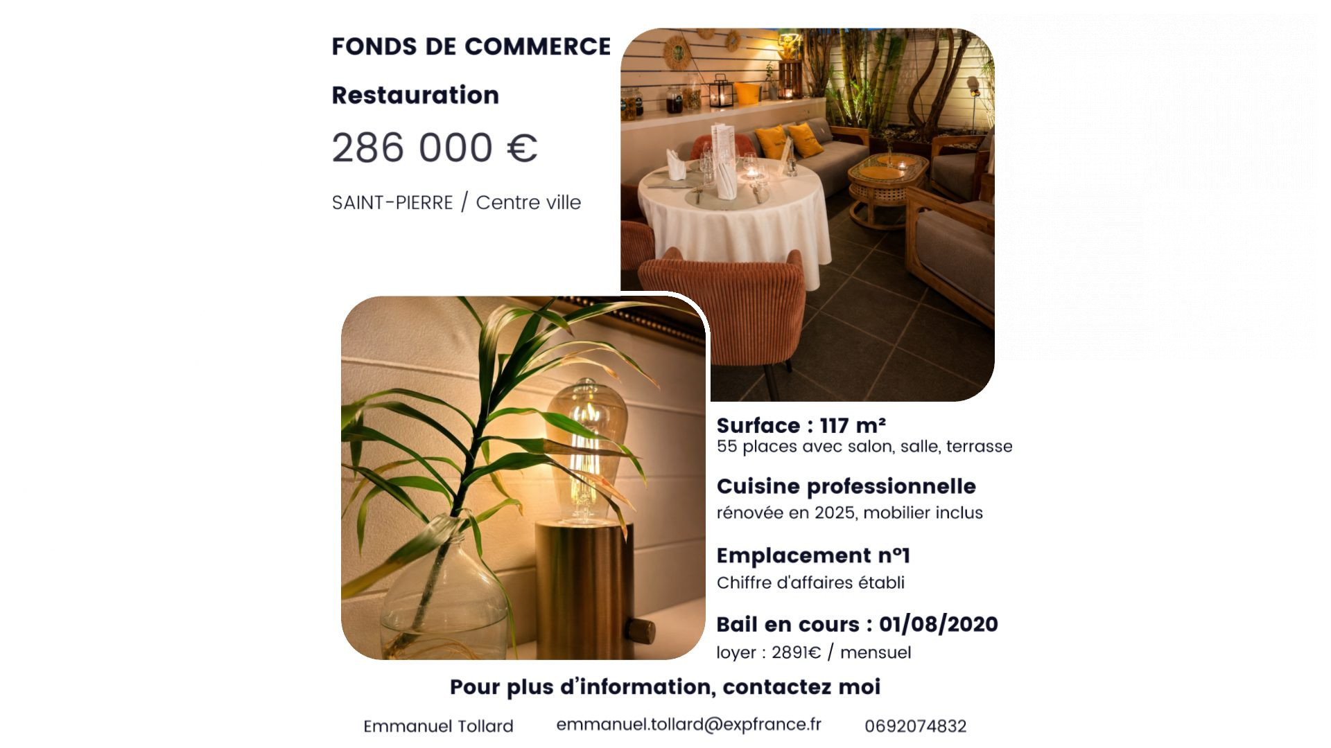 EMPLACEMENT N°1 - SAINT-PIERRE CENTRE - Fonds de commerce – Restaurant – 117 m²