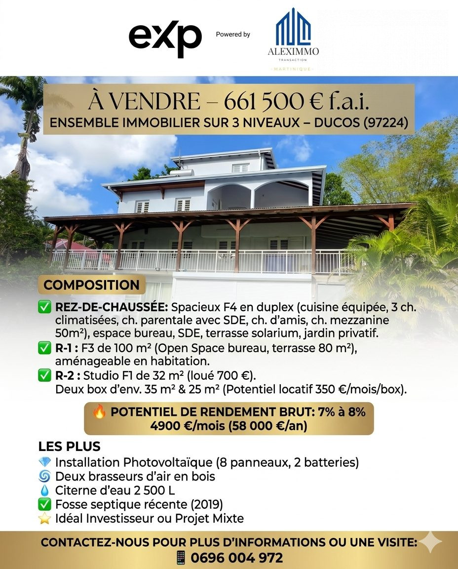 Immeuble rentable 58 000 €/an– Ducos (97224) fort potentiel investisseur