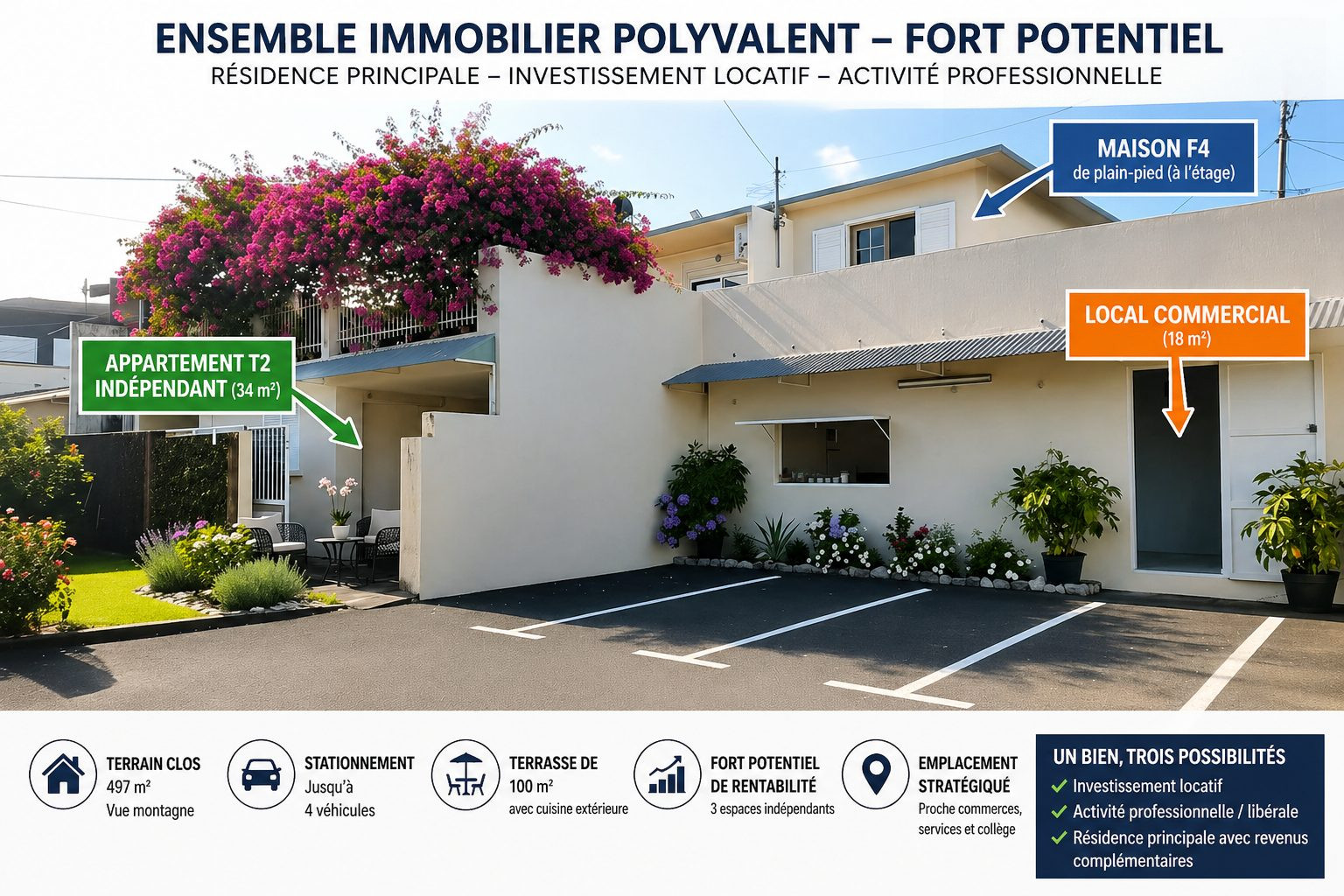 À VENDRE - Ensemble immobilier rentable – Maison F4 + T2 + local commercial – 400 000 € – Sainte-Marie La Grande Montée