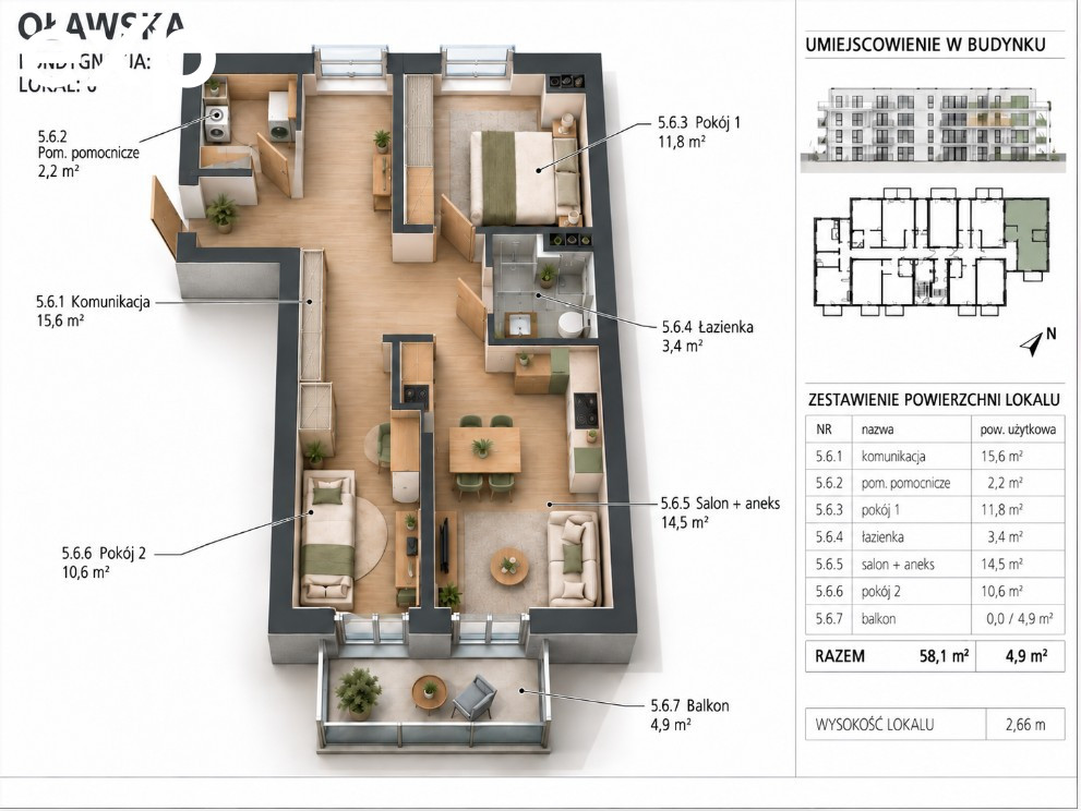 Apartment for sale in Jelcz-Laskowice, ul., Oławska, 55-220, Jelcz-Laskowice, oławski, DOLNOŚLĄSKIE, Polska, 58 m²