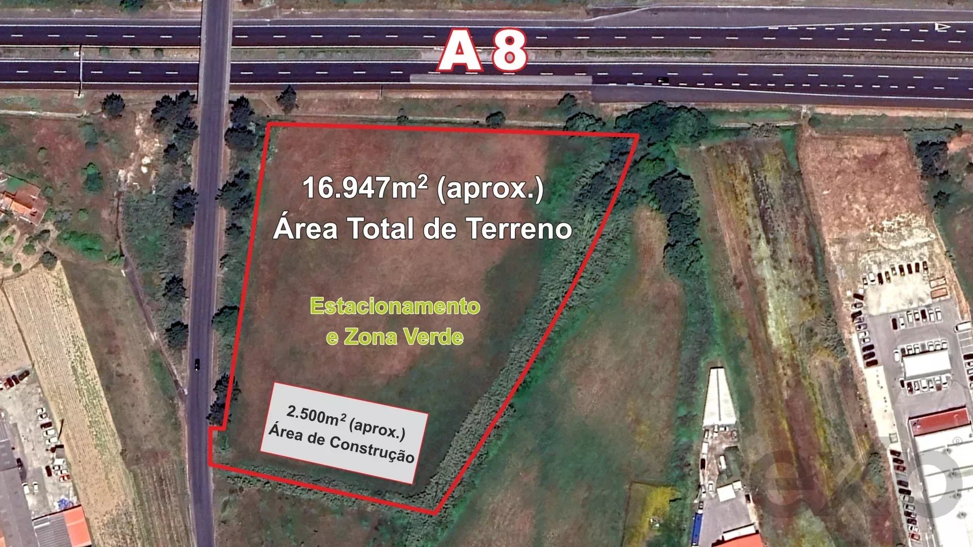 Terreno plano, com 16.947 m², para desenvolvimento industrial/logístico, junto à autoestrada A8 (Lisboa/Leiria/Porto).