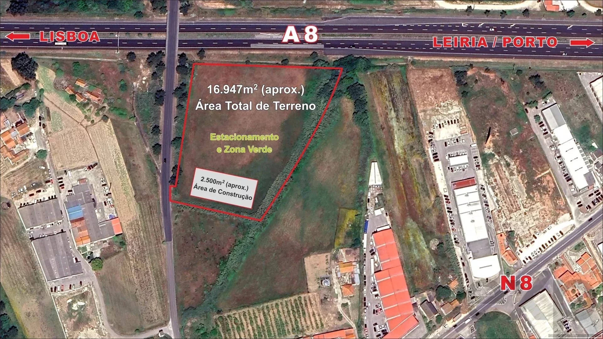 Terreno plano, com 16.947 m², para desenvolvimento industrial/logístico, junto à autoestrada A8 (Lisboa/Leiria/Porto).
