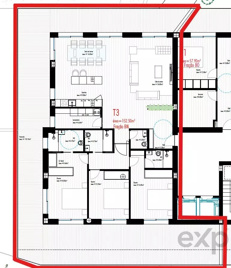 Apartamento T3 no último piso com varanda de 110 m² e vista panorâmica no Bellevue Residences
