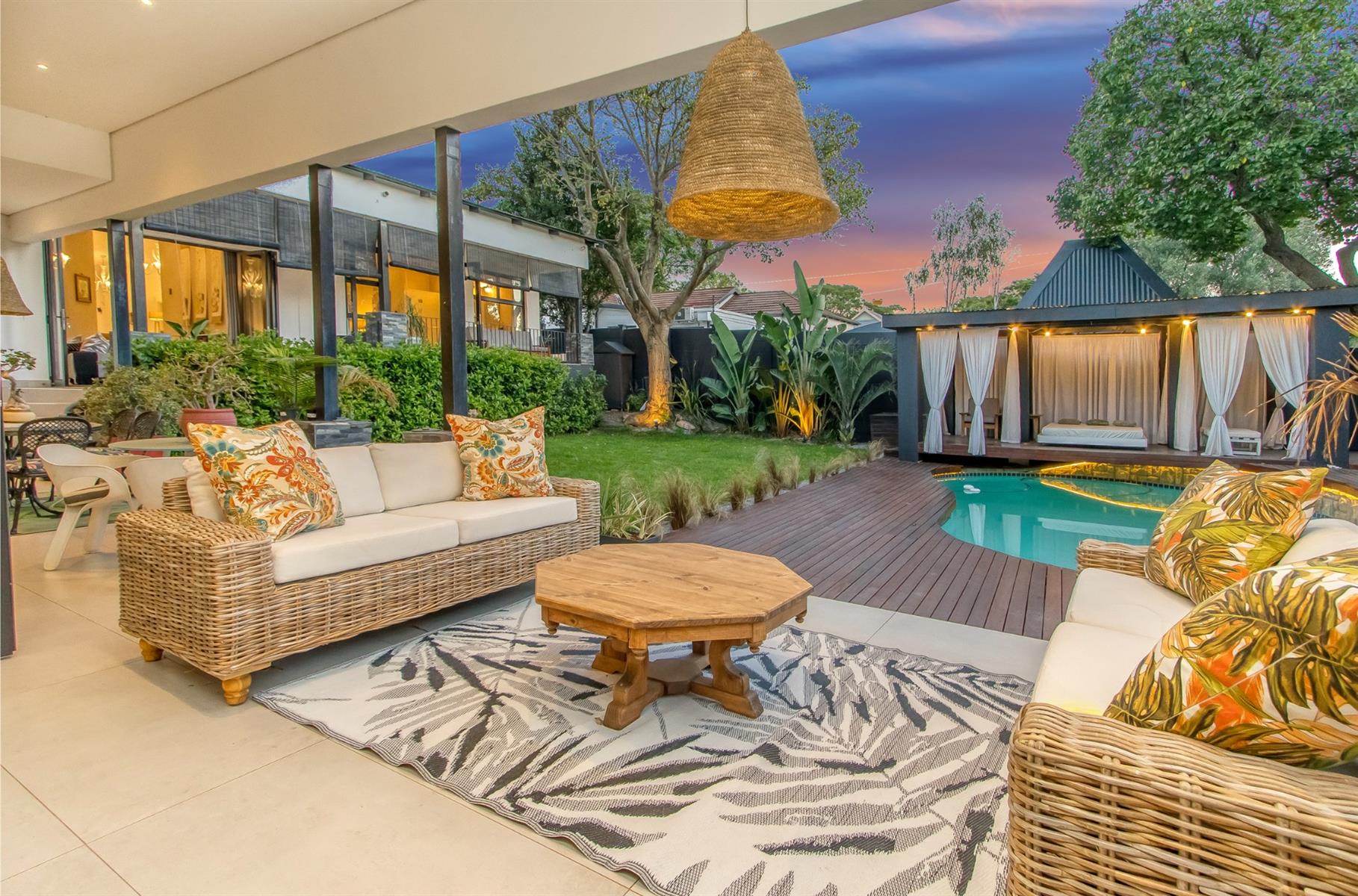 Spacious Bali-inspired designer home with pool, solar and elegant entertaining spaces