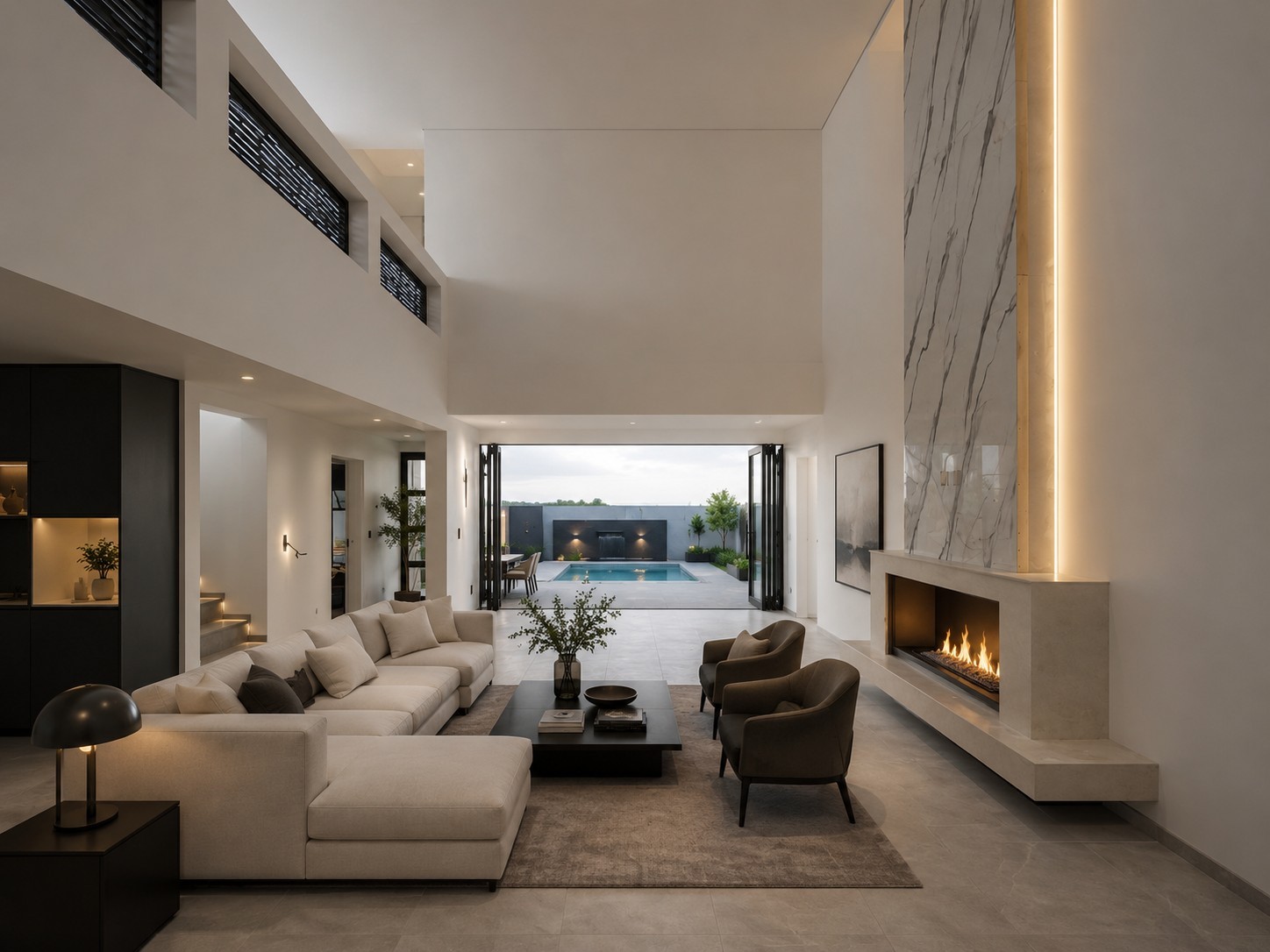 An elegant Sandown home anchored by a warm statement fireplace.