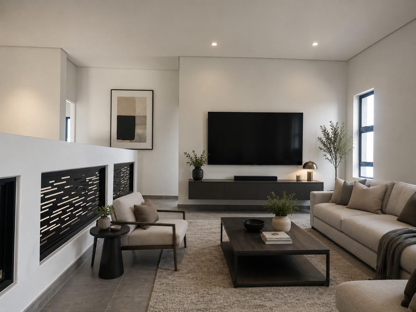 An elegant Sandown home anchored by a warm statement fireplace.
